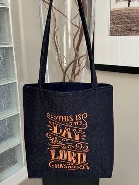 Tote Bag Embroidered Religious Spiritual Custom Made in Canada. Navy Denim.
